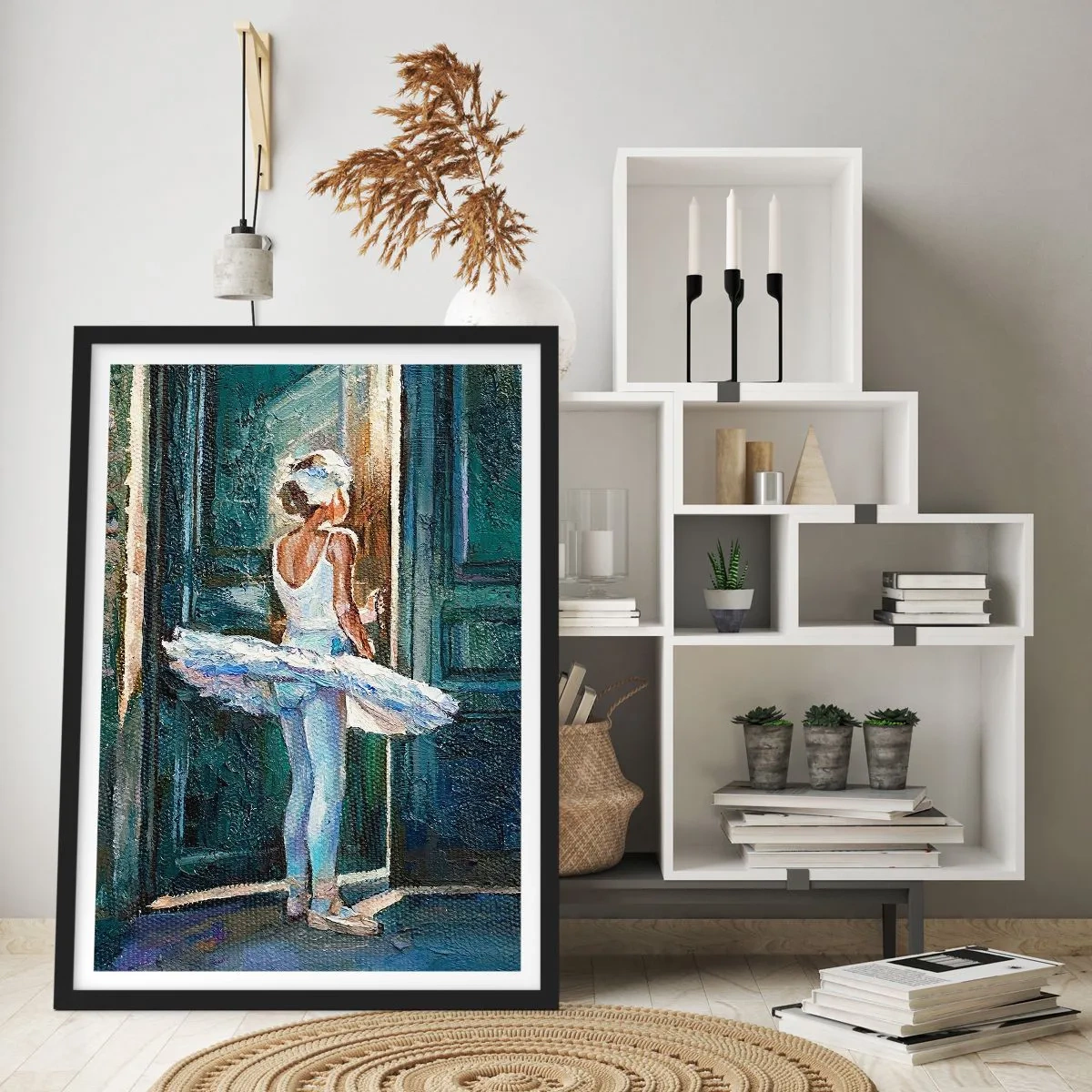 Plagát v čiernom ráme - Baletka vo svetle dverí v impresionistickom štýle - 50x70cm - Pred predstavením - Moderná nástenná dekorácia do obývacej izby a spálne ARTTOR