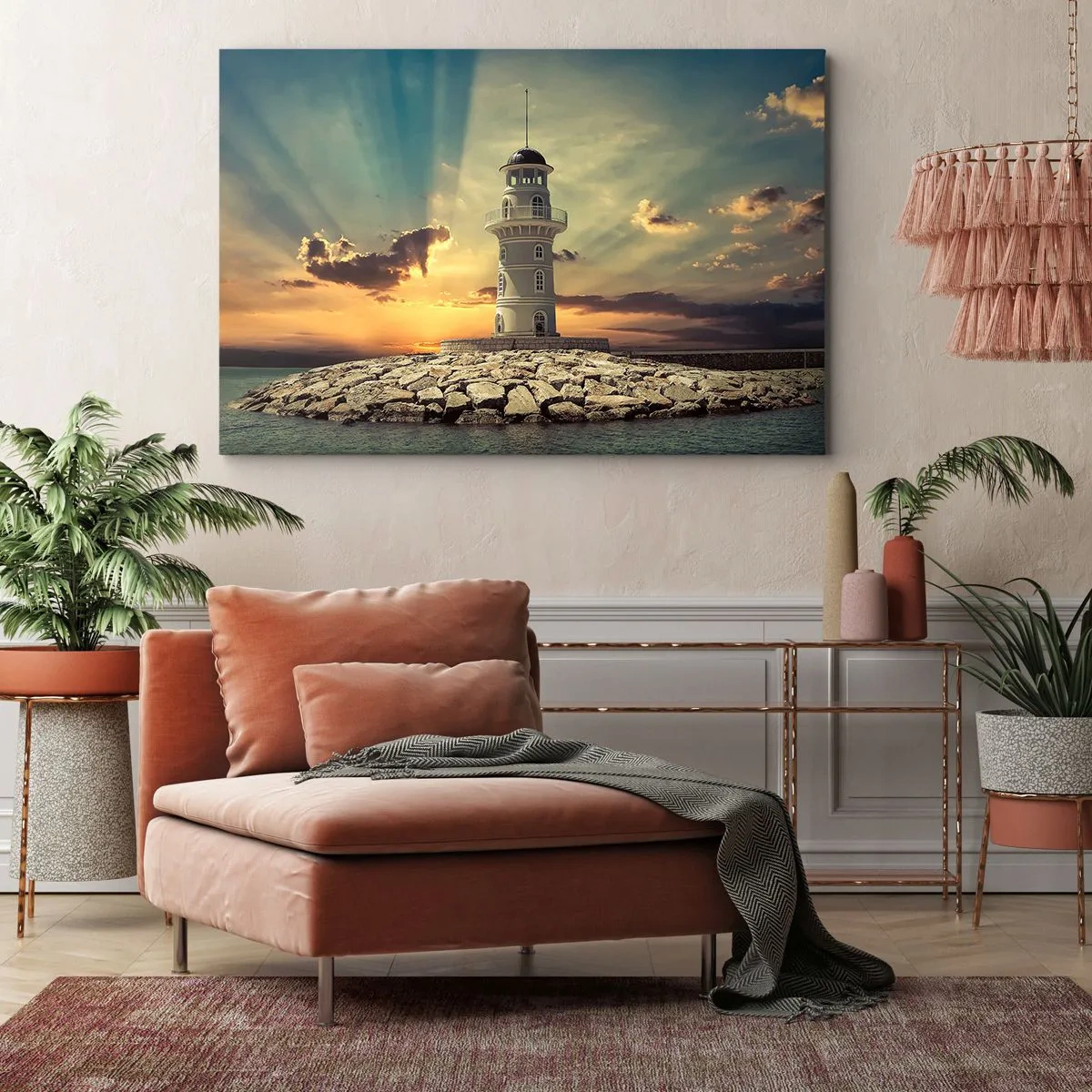 Obraz na plátne - Maják pri západe slnka proti oblohe - 70x50cm - Svetlo - Dobro - Krása - Moderná nástenná dekorácia do obývacej izby a spálne ARTTOR
