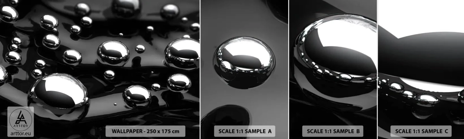 Vzorka samolepiacej fototapety Deluxe Sticker - Z čiernej tône - Abstrakcia, Chrómové gule, 3D - 100x30 cm