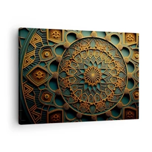 Obraz na plátne - Zlatá mandala na tyrkysovom pozadí s bohatými detailmi. - 70x50cm - V arabskom štýle - Moderná nástenná dekorácia do obývacej izby a spálne ARTTOR