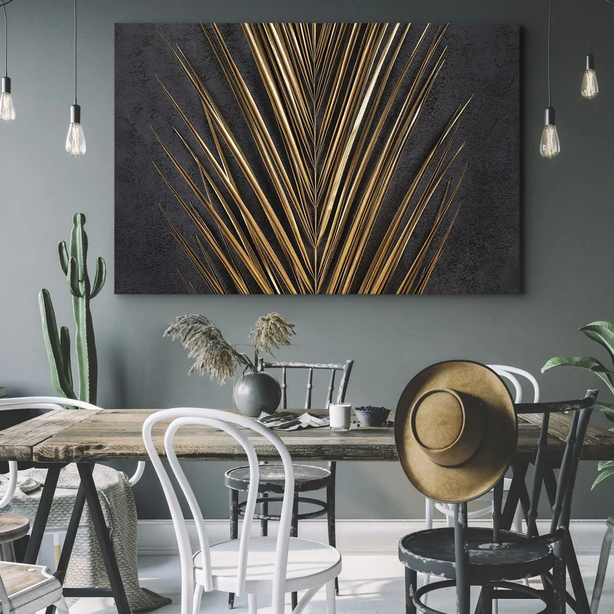 Obraz na plátne - Zlatý tropický list na čiernom pozadí - 70x50cm - Zlato trópov - Moderná nástenná dekorácia do obývacej izby a spálne ARTTOR