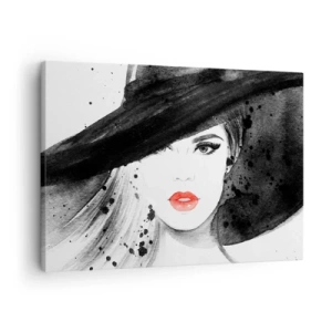 Obraz na plátne - Portrét ženy v klobúku s červenými perami - 70x50cm - Dáma v čiernom - Moderná nástenná dekorácia do obývacej izby a spálne ARTTOR