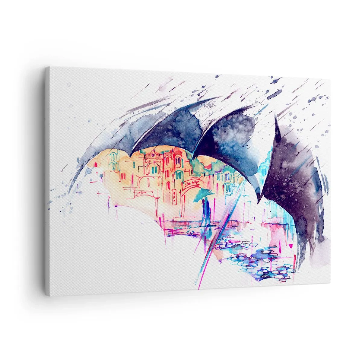 Obraz na plátne - Farebné mesto skryté pod abstraktnými dáždnikmi - 70x50cm - Prechádzka v daždi - Moderná nástenná dekorácia do obývacej izby a spálne ARTTOR