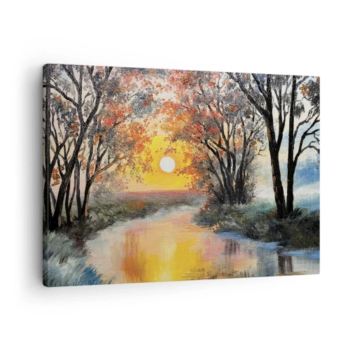 Obraz na plátne - Západ slnka nad riekou v jesennej krajine - 70x50cm - Jesenný nádych - Moderná nástenná dekorácia do obývacej izby a spálne ARTTOR