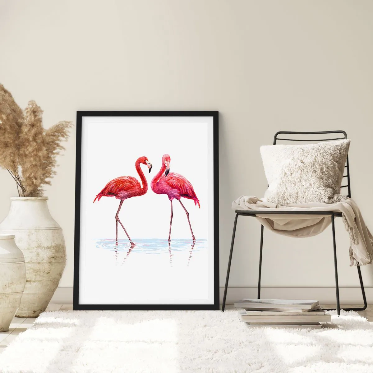 Plagát v čiernom ráme - Dva plameniaky na bielom pozadí s odrazom vo vode - 50x70cm - Ružové rendez-vous - Moderná nástenná dekorácia do obývacej izby a spálne ARTTOR