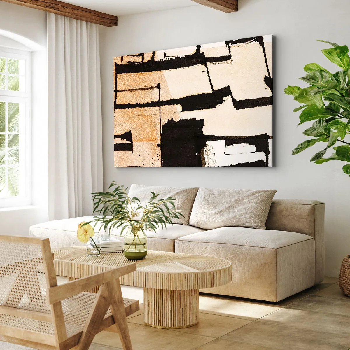 Obraz na plátne - Geometrické vzory v odtieňoch hnedej a béžovej - 70x50cm - Avšak poriadok - Moderná nástenná dekorácia do obývacej izby a spálne ARTTOR