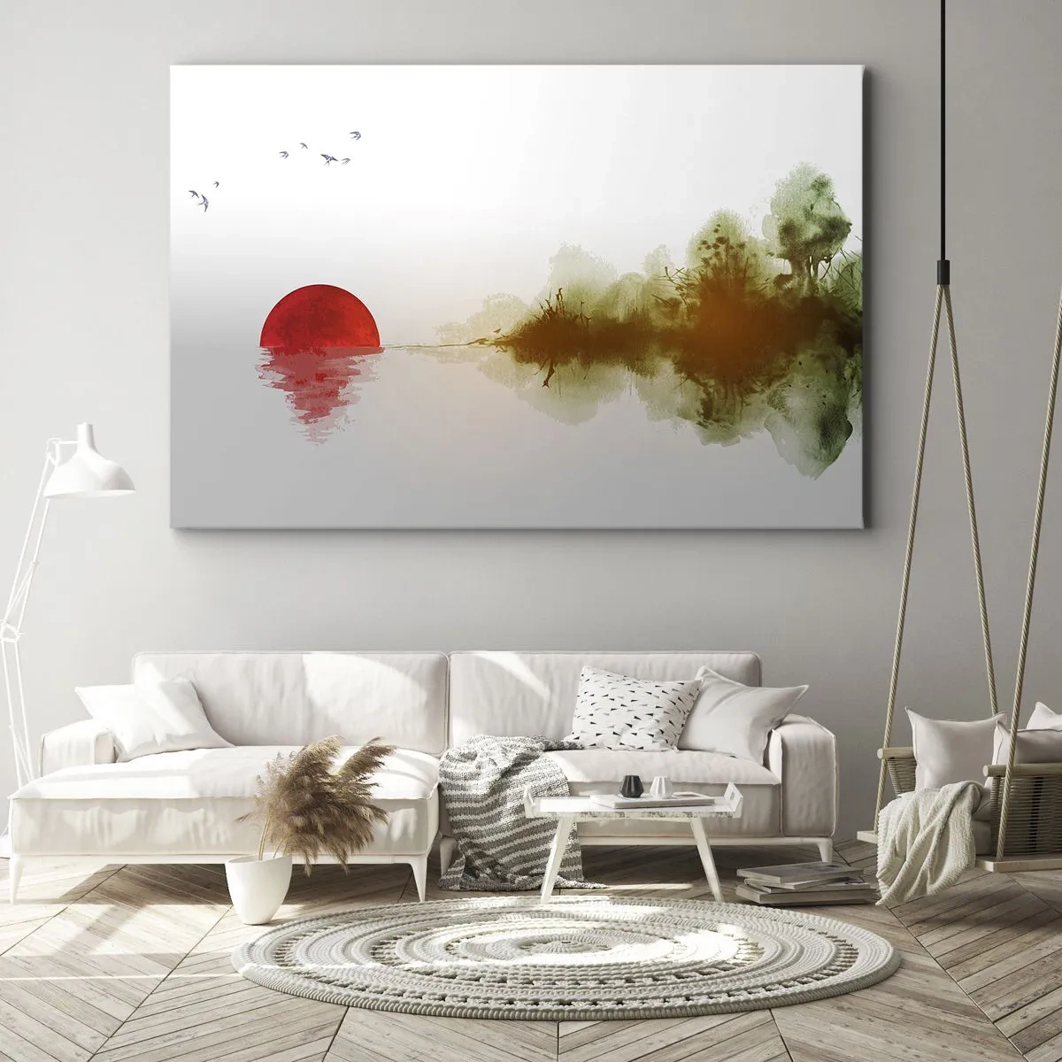 Obraz na plátne - Abstraktný západ slnka nad jazerom s odrazom - 70x50cm - Prísľub pokoja - Moderná nástenná dekorácia do obývacej izby a spálne ARTTOR