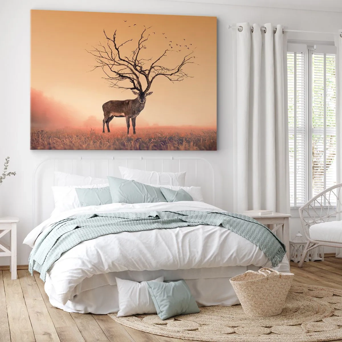 Obraz na plátne - Elegantná grafika jeleňa s konármi namiesto parohov - 70x50cm - Prajelen - večný duch lesa - Moderná nástenná dekorácia do obývacej izby a spálne ARTTOR