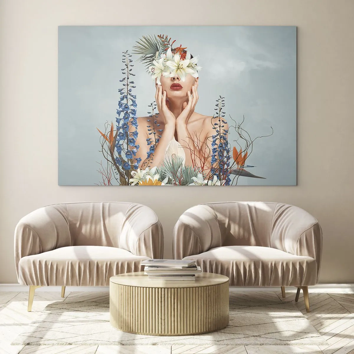 Obraz na skle - Postava ženy s kvetinovou korunou a kvetinovým aranžmánom - 70x50cm - Žena – kvetina - Moderná nástenná dekorácia do obývacej izby a spálne ARTTOR
