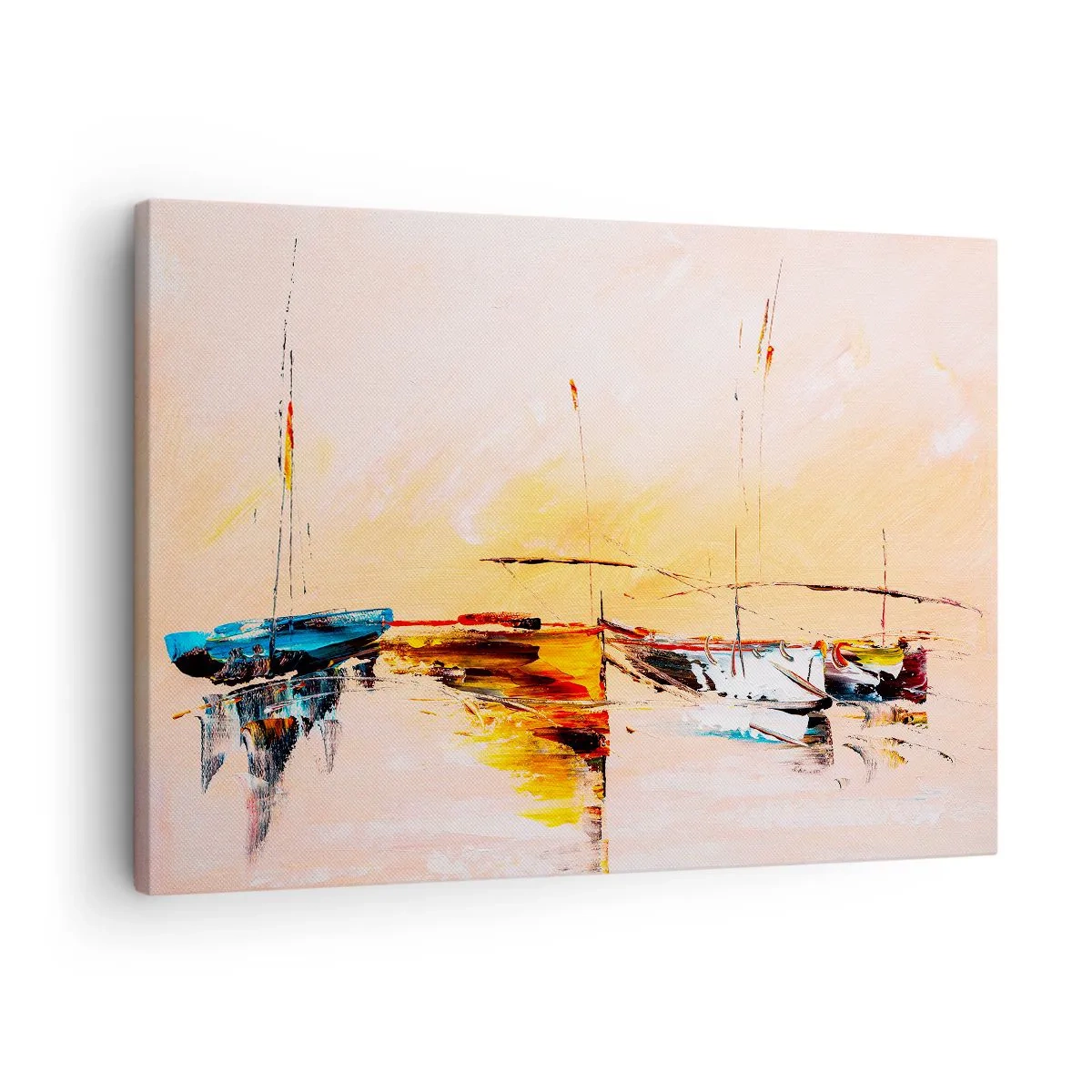 Obraz na plátne - Farebné lode na pokojnej vode pri západe slnka - 70x50cm - Večer v prístave - Moderná nástenná dekorácia do obývacej izby a spálne ARTTOR