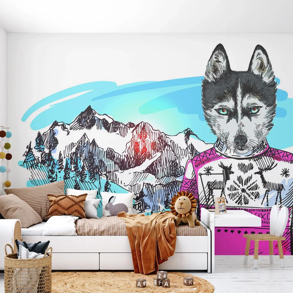 Fototapeta Standard Eco - Husky v ružovom svetri na pozadí horskej panorámy - 100x70cm - Vlk v ovčom rúne - Moderná nástenná dekorácia do obývacej izby a spálne ARTTOR