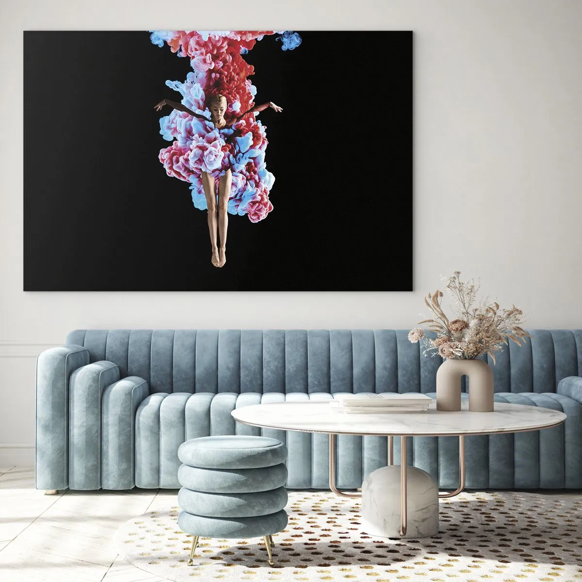 Obraz na skle - Tanečník obklopený farebným dymom na čiernom pozadí - 70x50cm - V plnom kvete - Moderná nástenná dekorácia do obývacej izby a spálne ARTTOR