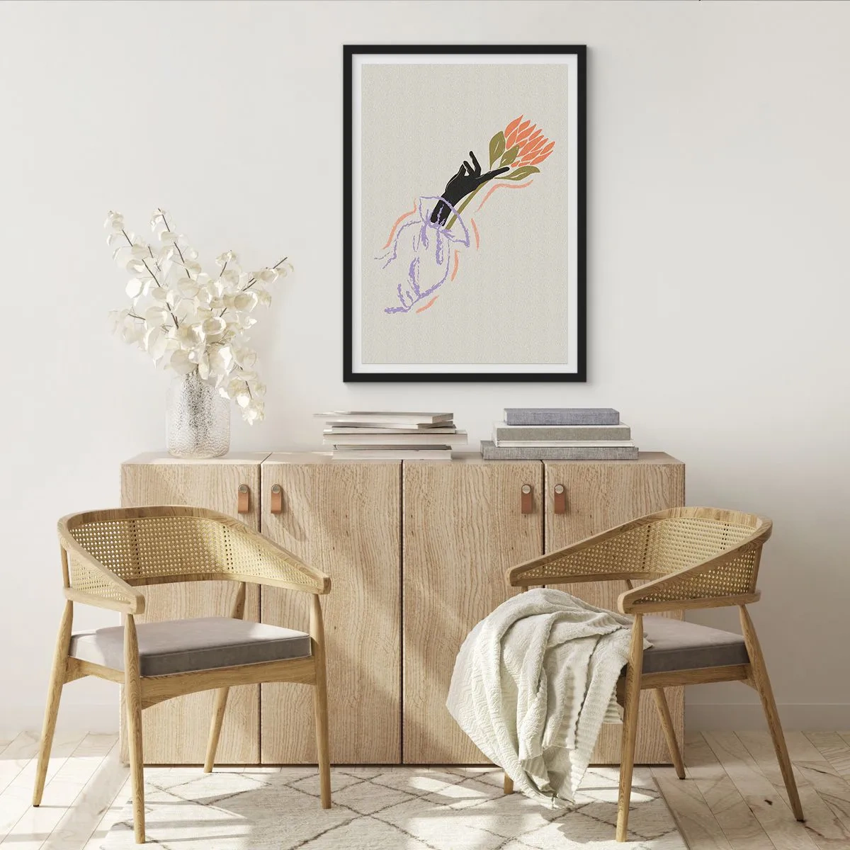 Plagát v čiernom ráme - Abstraktná kresba ruky držiacej kyticu kvetov - 50x70cm - Sesterský dotyk - Moderná nástenná dekorácia do obývacej izby a spálne ARTTOR