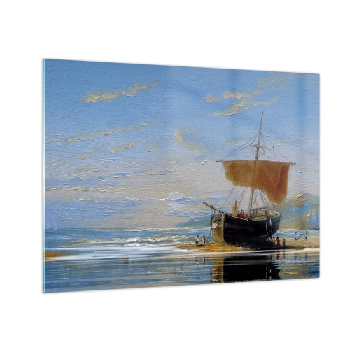 Obraz na skle - Loď s plachtou pri brehu v maliarskom štýle - 70x50cm - Voda, zem, vzduch - Moderná nástenná dekorácia do obývacej izby a spálne ARTTOR