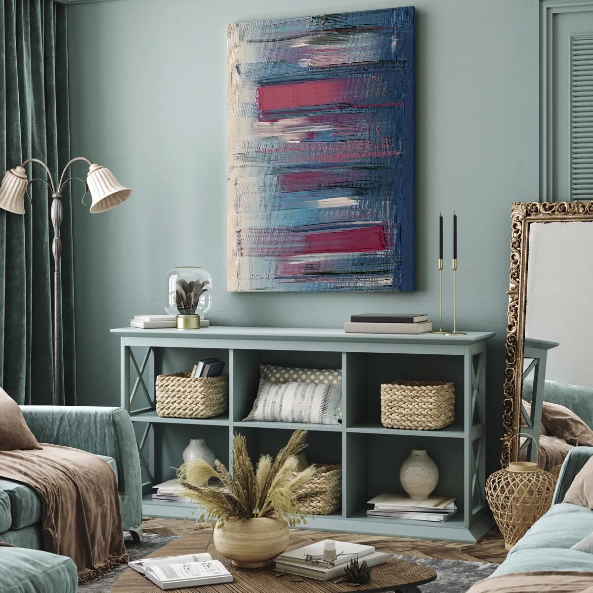 Obraz na plátne - Vertikálna kompozícia v modrej a červenej - 65x120 cm