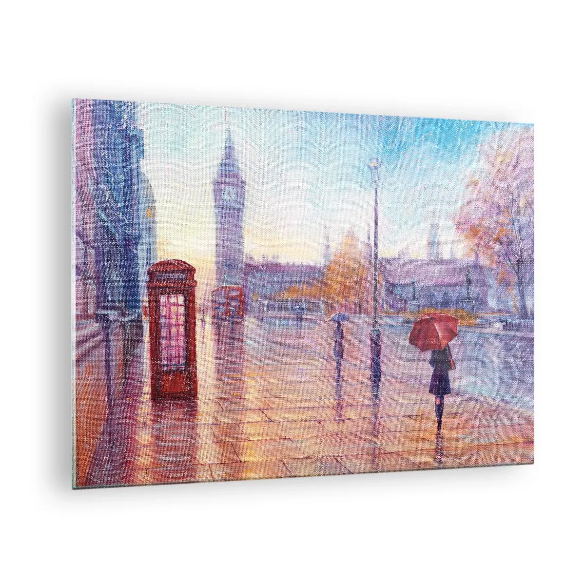 Obraz na skle - Londýnska scéna v daždi s Big Benom a červenou skrinkou - 70x50cm - Londýnsky jesenný deň - Moderná nástenná dekorácia do obývacej izby a spálne ARTTOR