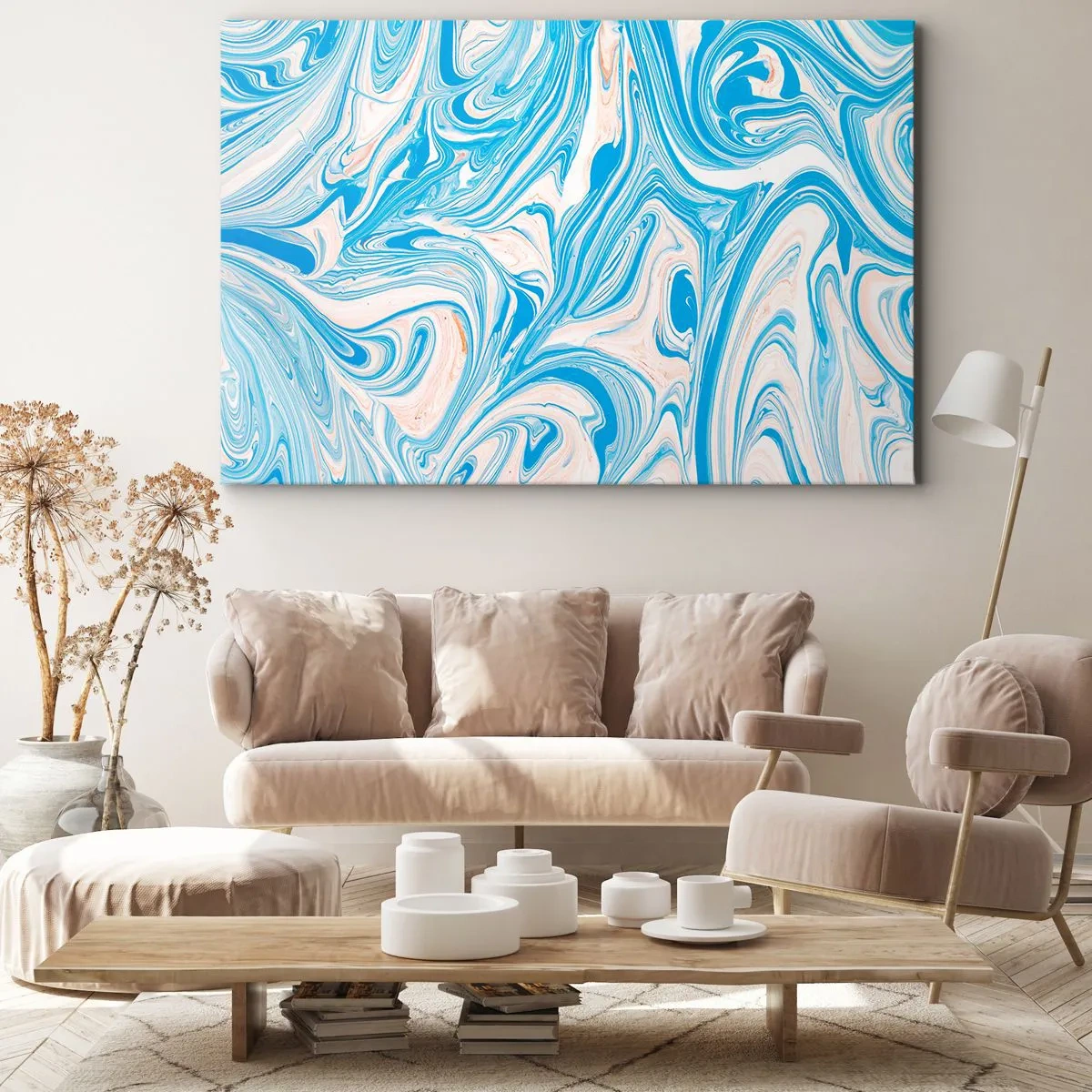 Obraz na plátne - Abstraktné modré a biele mramorové špirály - 70x50cm - Lagúna v tyrkyse - Moderná nástenná dekorácia do obývacej izby a spálne ARTTOR