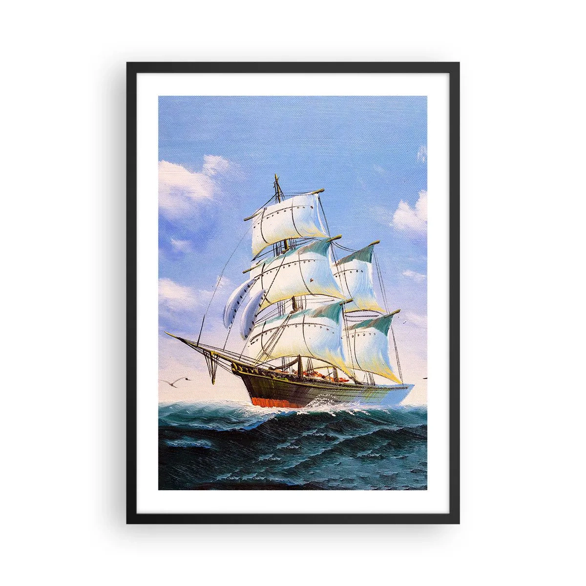 Plagát v čiernom ráme - Plachetnica proti moru, plné plachty - 50x70cm - Hrdo s vetrom - Moderná nástenná dekorácia do obývacej izby a spálne ARTTOR