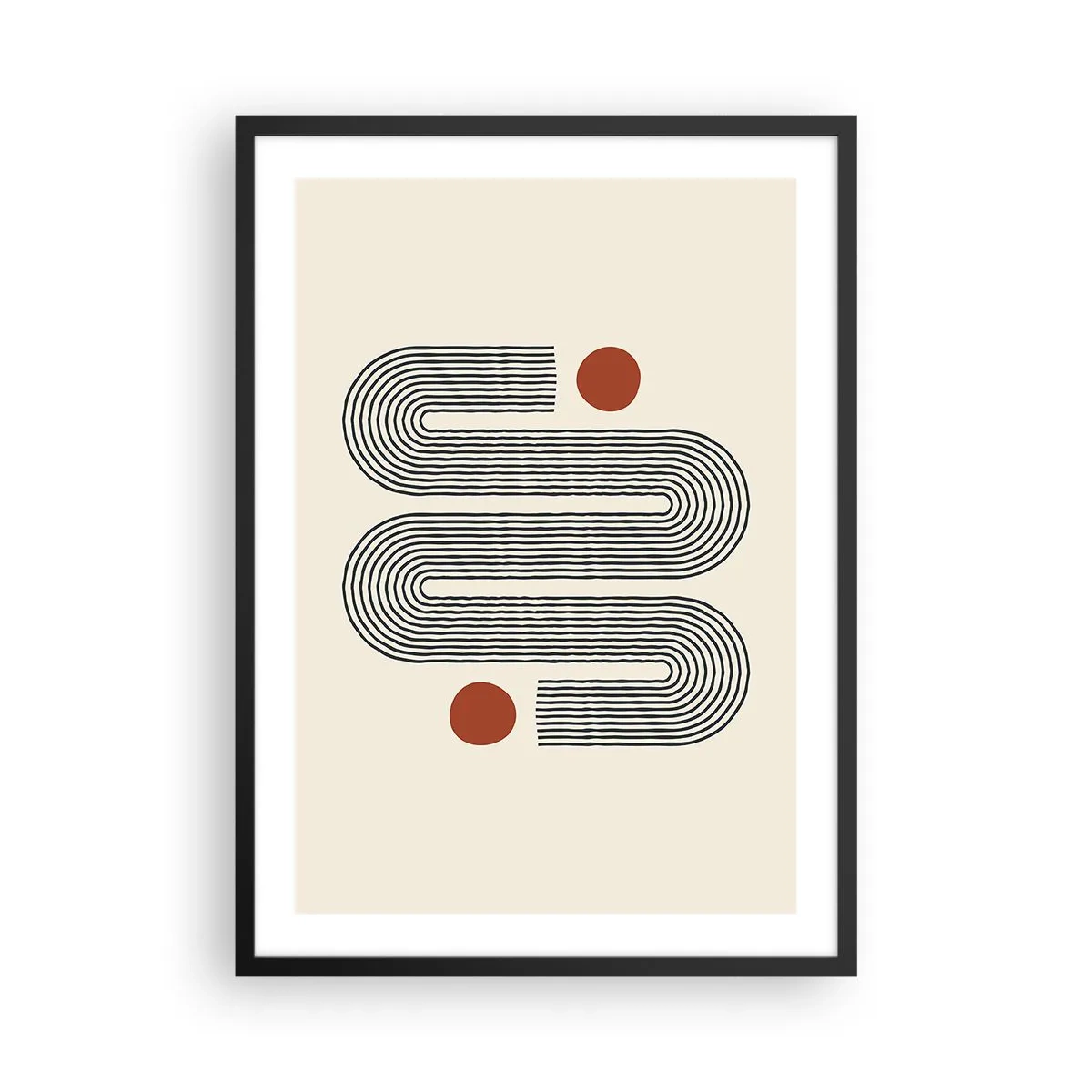 Plagát v čiernom ráme - Geometrický vzor s čiarami a červenými kruhmi - 50x70cm - Od začiatku do konca - Moderná nástenná dekorácia do obývacej izby a spálne ARTTOR