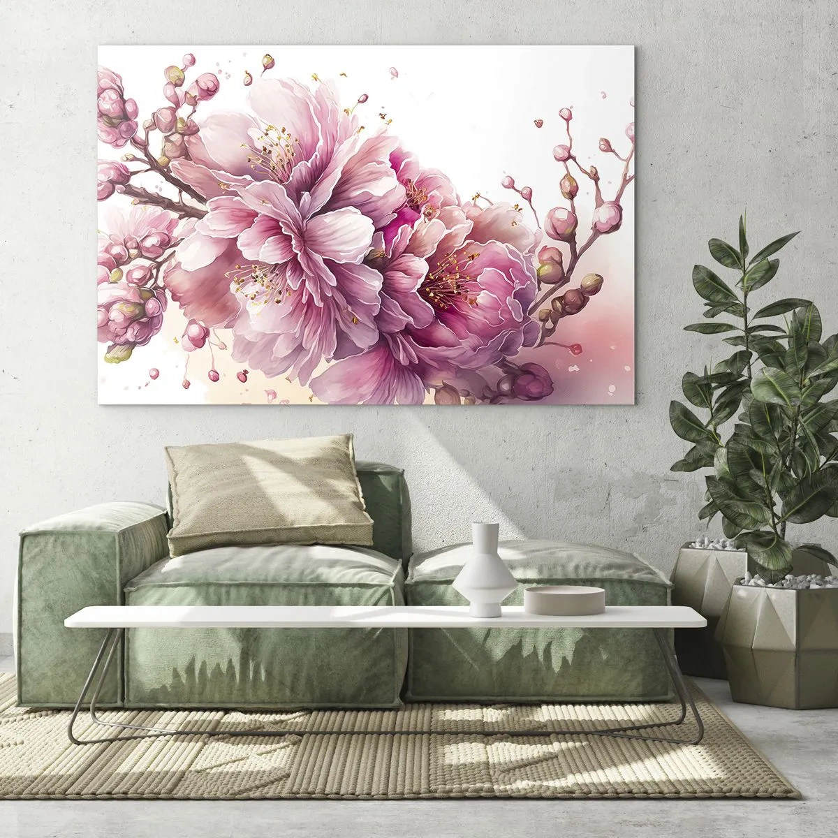 Obraz na skle - Ružové čerešňové kvety v plnom kvete na svetlom pozadí - 70x50cm - Kvet kvitnúcej čerešne - Moderná nástenná dekorácia do obývacej izby a spálne ARTTOR