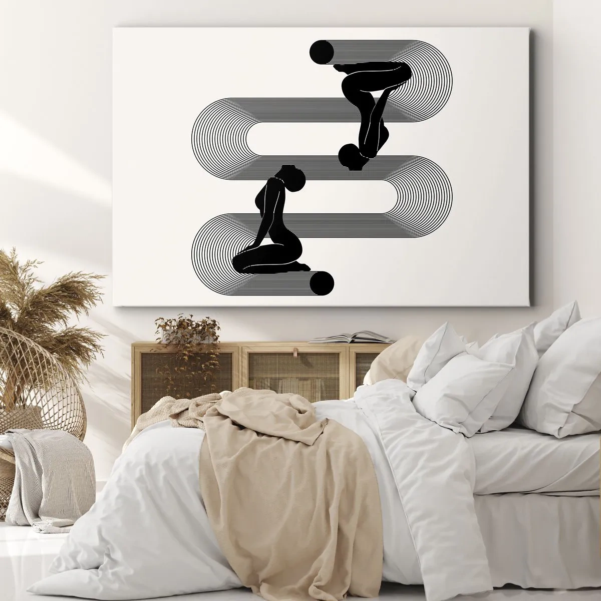Obraz na plátne - Čierne siluety s geometrickými čiarami na svetlom pozadí - 70x50cm - Zmyselná symetria - Moderná nástenná dekorácia do obývacej izby a spálne ARTTOR