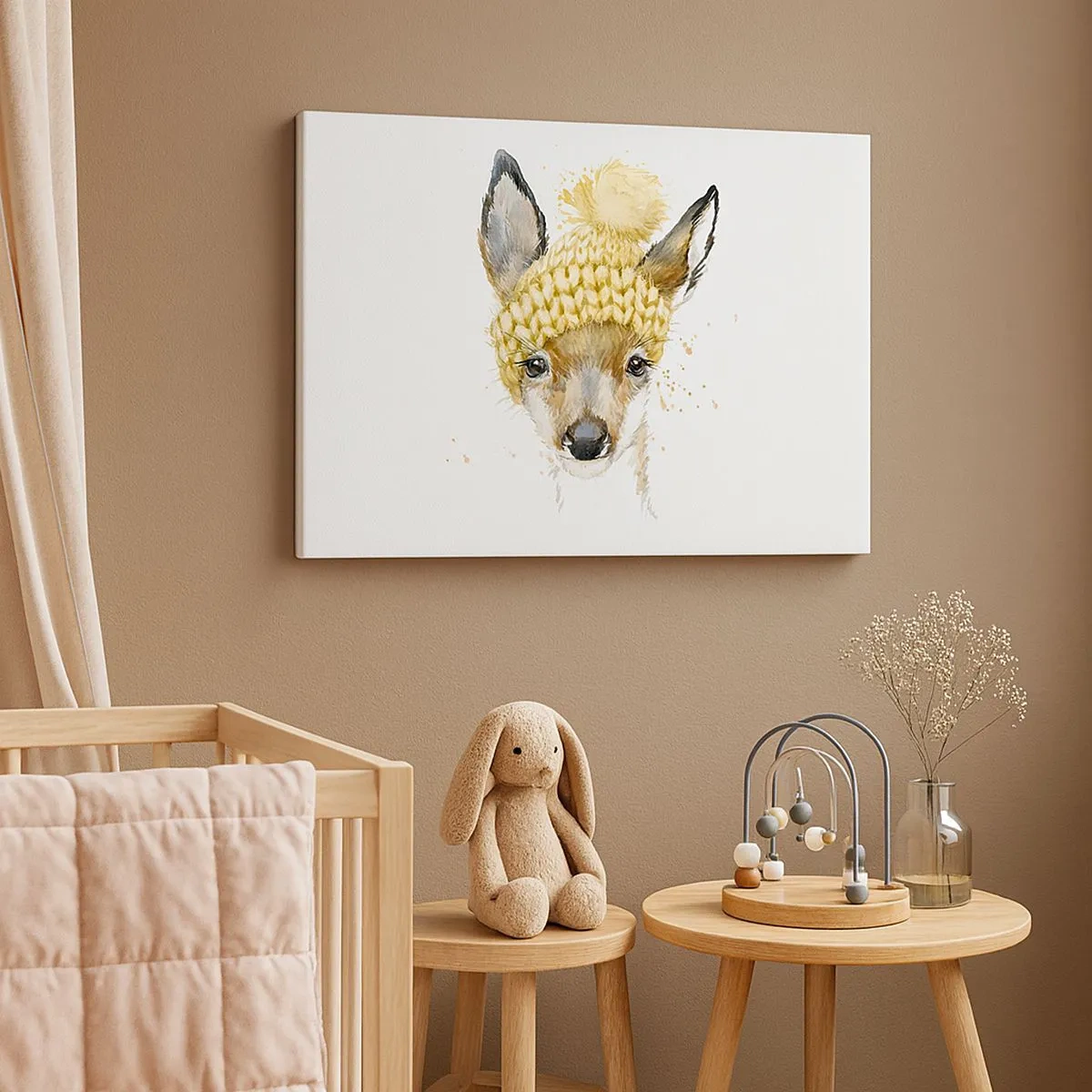 Obraz na plátne - Akvarelový jeleň v žltej čiapke - 70x50cm - V zime v snežnom lese - Moderná nástenná dekorácia do obývacej izby a spálne ARTTOR