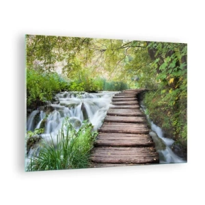 Obraz na skle - Most v lese cez potok - 70x50cm - Voda nie je vôbec tichá - Moderná nástenná dekorácia do obývacej izby a spálne ARTTOR