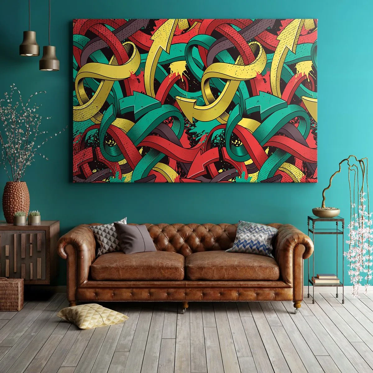 Obraz na plátne - Abstraktné šípky v žiarivých farbách vytvárajúce chaos - 70x50cm - Kadiaľ do cieľa? - Moderná nástenná dekorácia do obývacej izby a spálne ARTTOR