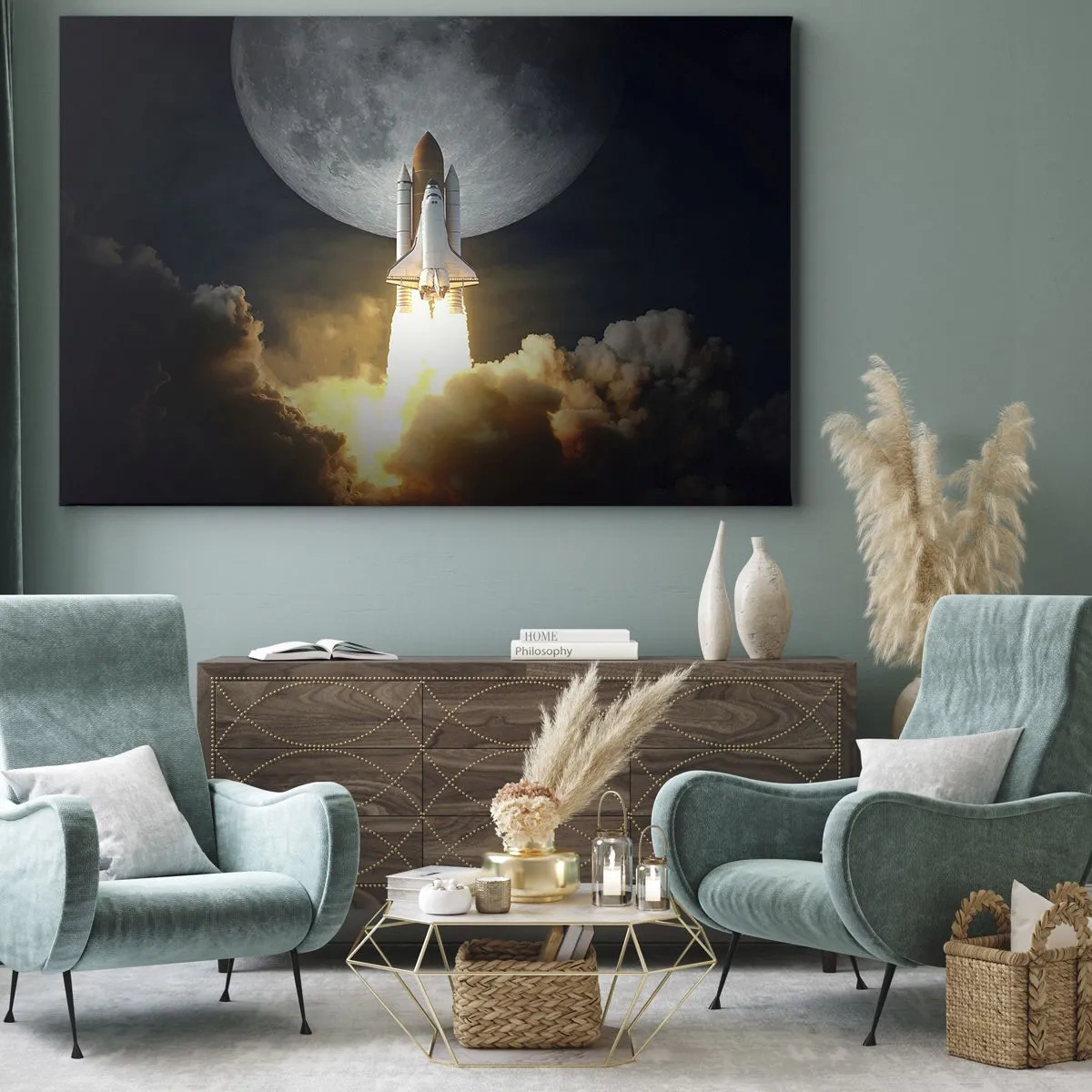Obraz na plátne - Raketa štartujúca na pozadí splnu obklopeného dynamickými oblakmi. - 70x50cm - Začiatok nadprirodzeného dobrodružstva - Moderná nástenná dekorácia do obývacej izby a spálne ARTTOR