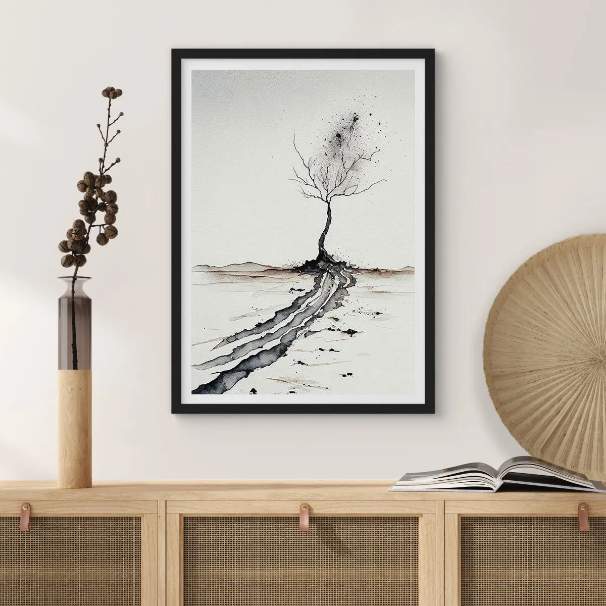 Plagát v čiernom ráme - Minimalistický strom s abstraktnými koreňmi - 50x70cm - Zimná melanchólia - Moderná nástenná dekorácia do obývacej izby a spálne ARTTOR