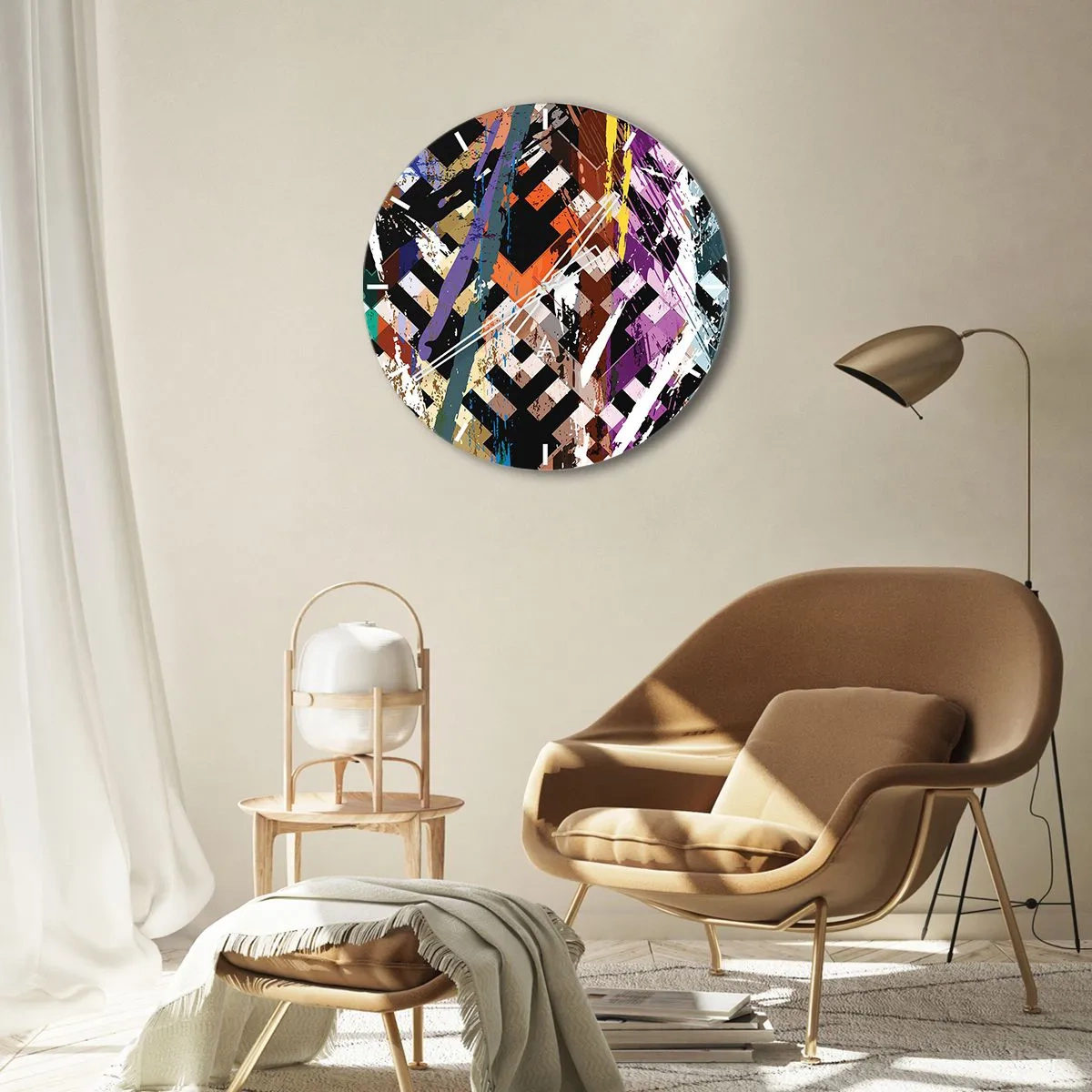 Nástenné hodiny - Geometrické vzory v intenzívnych farbách s abstraktným efektom - 30x30cm - Umocnené na druhú - Moderná nástenná dekorácia do obývacej izby, kuchyne a spálne ARTTOR