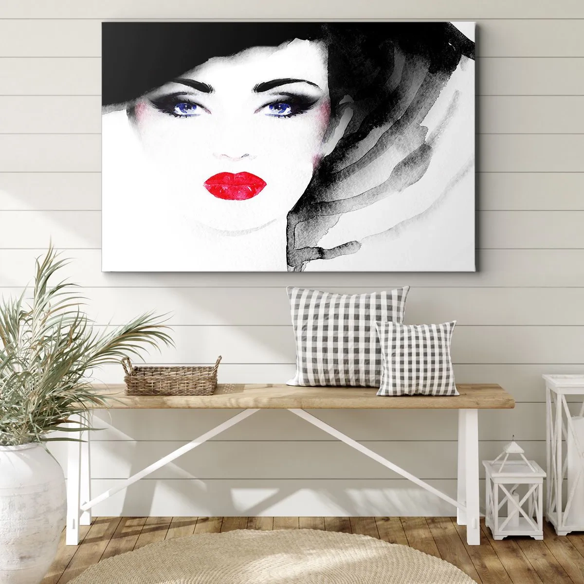 Obraz na plátne - Portrét ženy s červenými perami a intenzívne modrými očami - 70x50cm - Odháňa a privoláva - Moderná nástenná dekorácia do obývacej izby a spálne ARTTOR