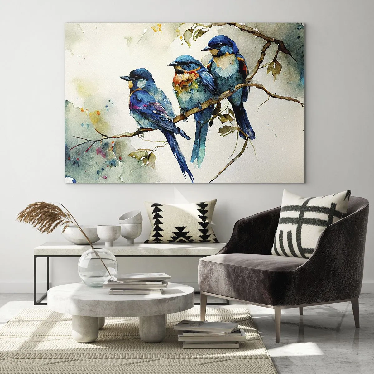 Obraz na skle - Farebné vtáky sediace na konári v akvareloch - 70x50cm - Urazil sa? - Moderná nástenná dekorácia do obývacej izby a spálne ARTTOR