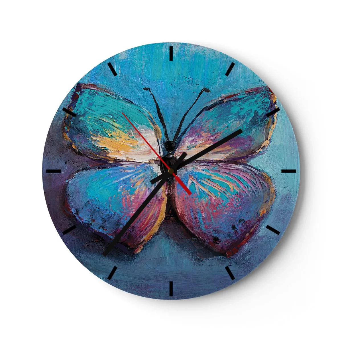 Nástenné hodiny - Maliarsky motýľ v intenzívnych farbách - 30x30cm - V celej svojej kráse - Moderná nástenná dekorácia do obývacej izby, kuchyne a spálne ARTTOR