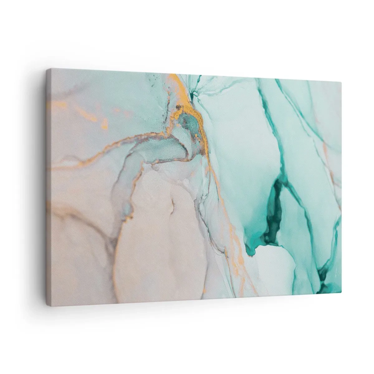 Obraz na plátne - Abstraktná kompozícia v odtieňoch tyrkysovej a zlatej. - 70x50cm - Tanec tvarov a farieb - Moderná nástenná dekorácia do obývacej izby a spálne ARTTOR