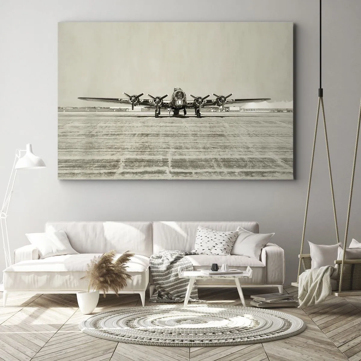 Obraz na plátne - Historické lietadlo na letisku v sépiovej farbe - 70x50cm - Ako vždy pripravený - Moderná nástenná dekorácia do obývacej izby a spálne ARTTOR