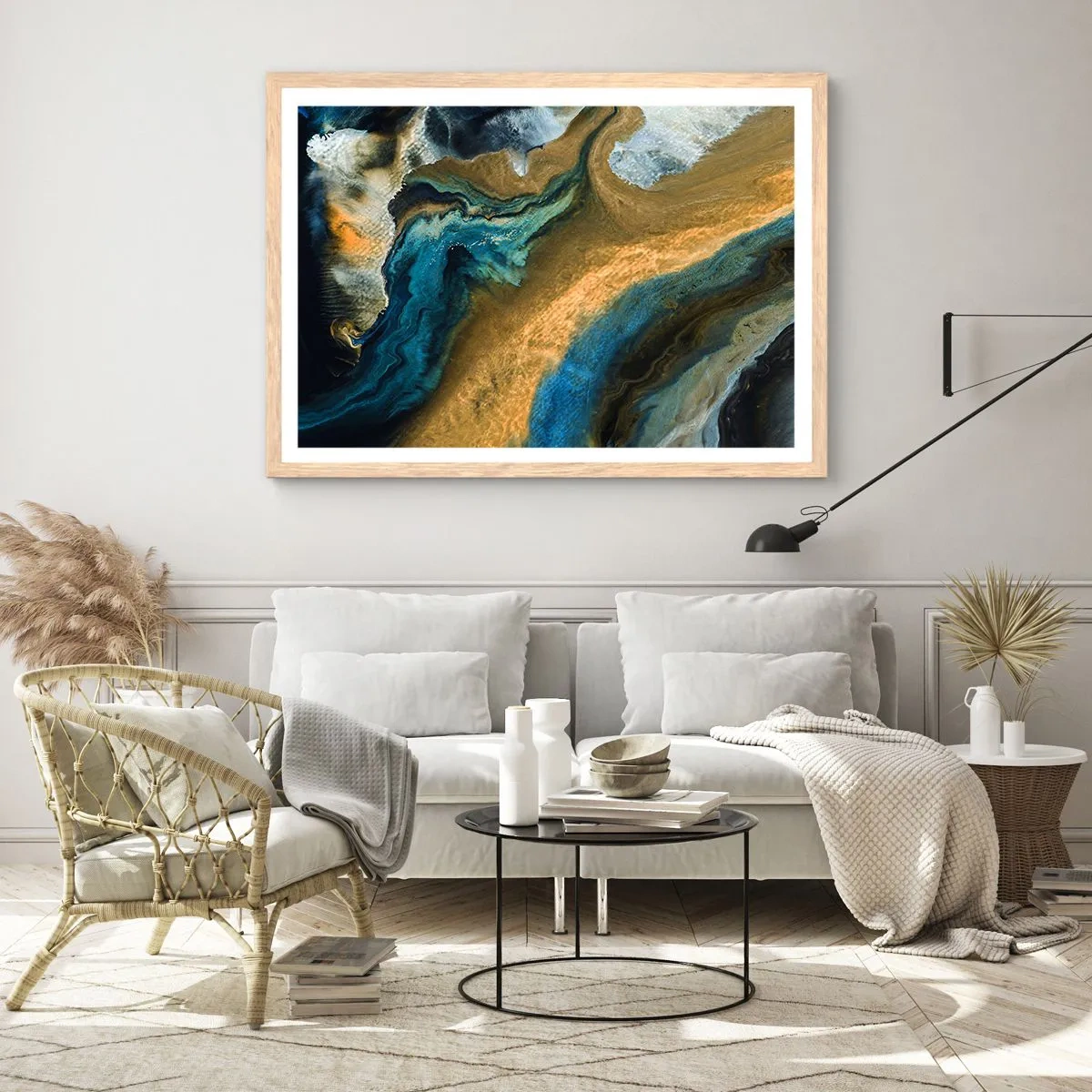 Plagát v ráme zo svetlého duba - Modrá – žltá – vzájomné vplyvy - 70x50 cm