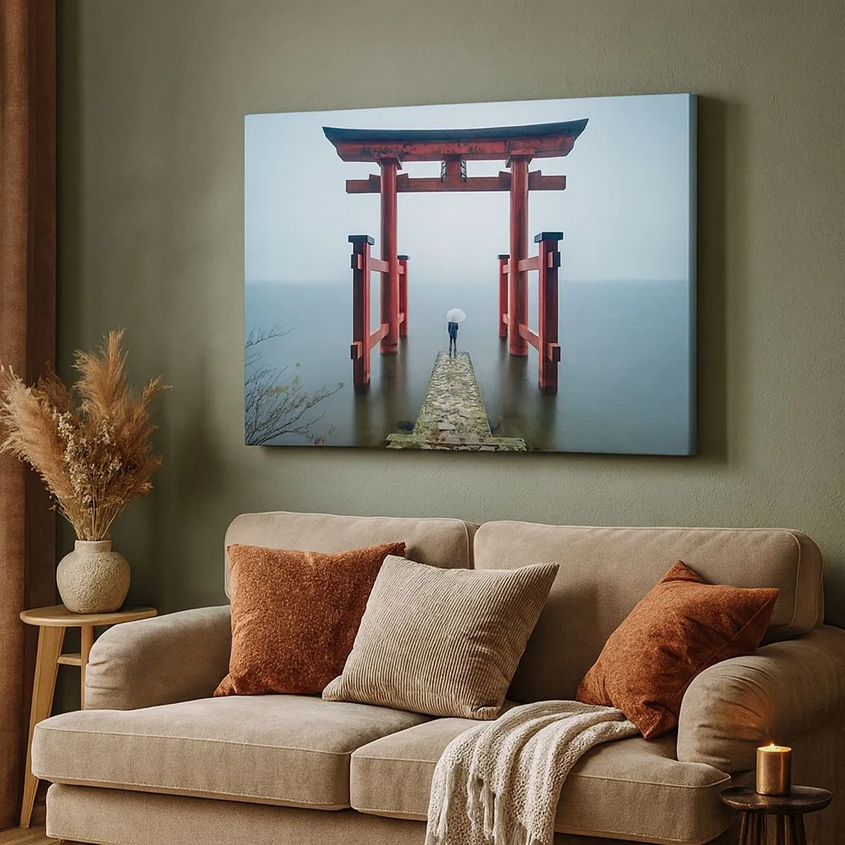 Obraz na plátne - Brána torii s výhľadom na pokojné jazero v Japonsku - 70x50cm - Japonské zamyslenie - Moderná nástenná dekorácia do obývacej izby a spálne ARTTOR