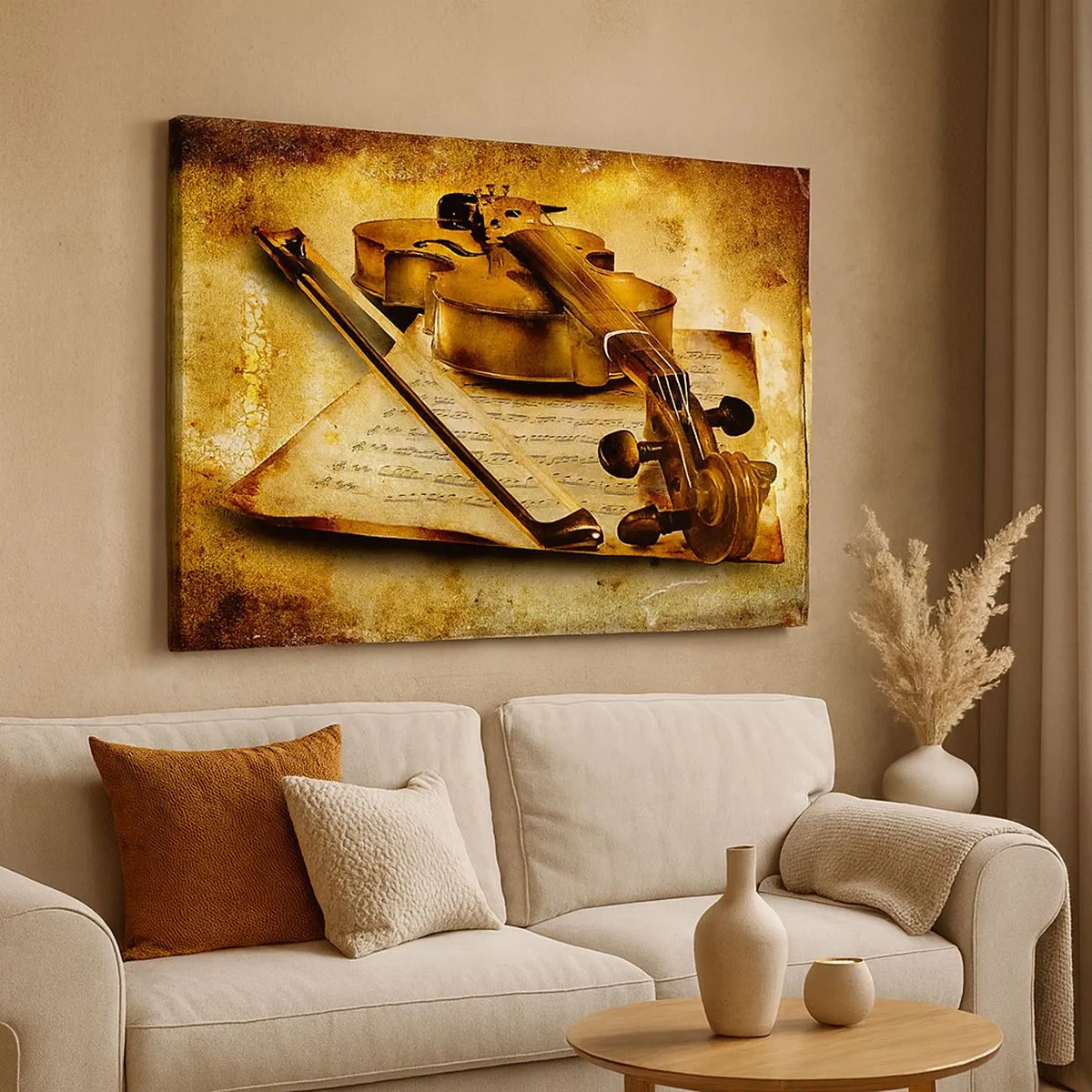 Obraz na plátne - Husle s notovým zápisom na vintage pozadí v teplých tónoch - 70x50cm - Okamžite potrebný virtuóz - Moderná nástenná dekorácia do obývacej izby a spálne ARTTOR