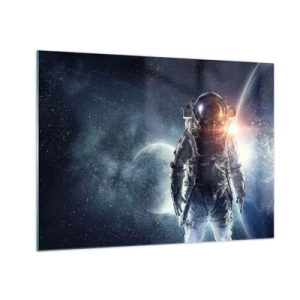 Obraz na skle - Astronaut na pozadí planét a hviezd - 70x50cm - Vesmírne dobrodružstvo - Moderná nástenná dekorácia do obývacej izby a spálne ARTTOR