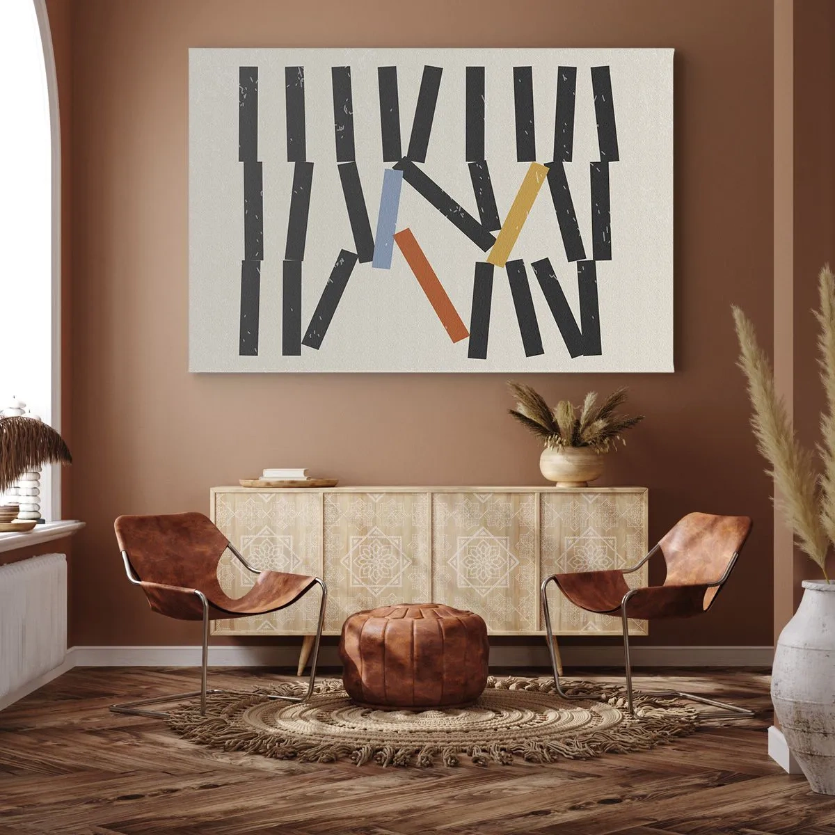 Obraz na plátne - Abstraktná kompozícia s farebnými a čiernymi obdĺžnikmi - 70x50cm - Domino – kompozícia - Moderná nástenná dekorácia do obývacej izby a spálne ARTTOR