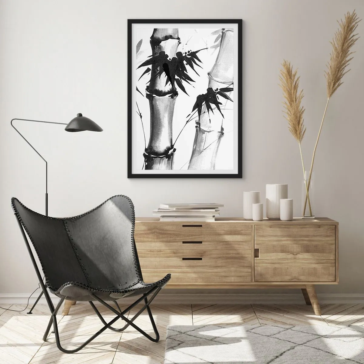 Plagát v čiernom ráme - Bambusové stonky a listy v čiernobielom štýle - 50x70cm - Blízky záber na orient - Moderná nástenná dekorácia do obývacej izby a spálne ARTTOR