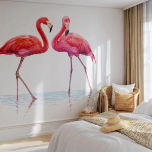 Fototapeta Premium Sand - Ružové rendez-vous - Plameniaky, Vtáky, Kus - 100x70 cm