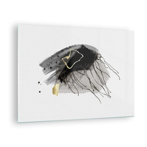 Obraz na skle - Abstraktná kompozícia čiernej a zlatej farby na bielom pozadí - 70x50cm - V čiernej a zlatej - Moderná nástenná dekorácia do obývacej izby a spálne ARTTOR