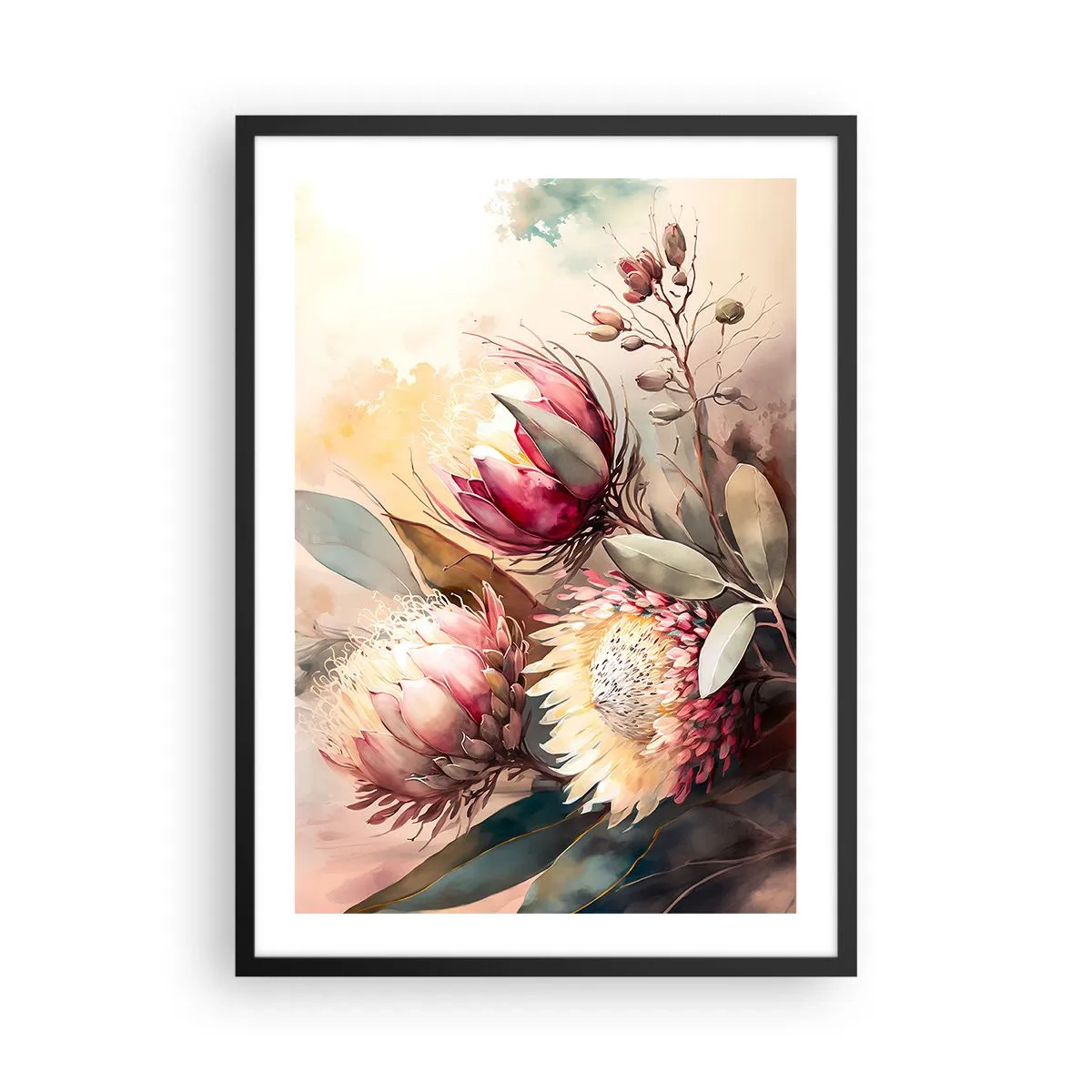 Plagát v čiernom ráme - Kytica proteových kvetov v jemných farbách - 50x70cm - Z profilu a en face - Moderná nástenná dekorácia do obývacej izby a spálne ARTTOR
