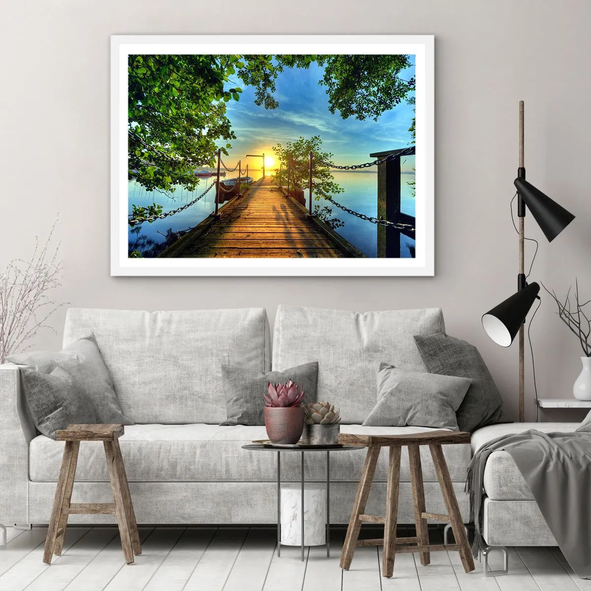 Plagát v bielom ráme - Západ pri vode - 100x70 cm