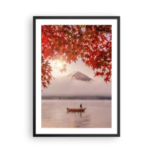 Plagát v čiernom ráme - Hora Fudži s loďkou na jazere a jesennými listami - 50x70cm - V japonskom štýle - Moderná nástenná dekorácia do obývacej izby a spálne ARTTOR