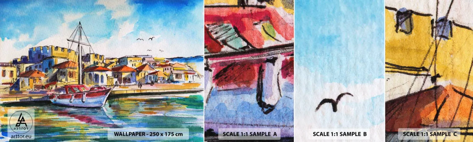 Vzorka samolepiacej fototapety Deluxe Sticker - Dúhové popoludnie - Prístav, Jachta, Prímorské - 100x30 cm