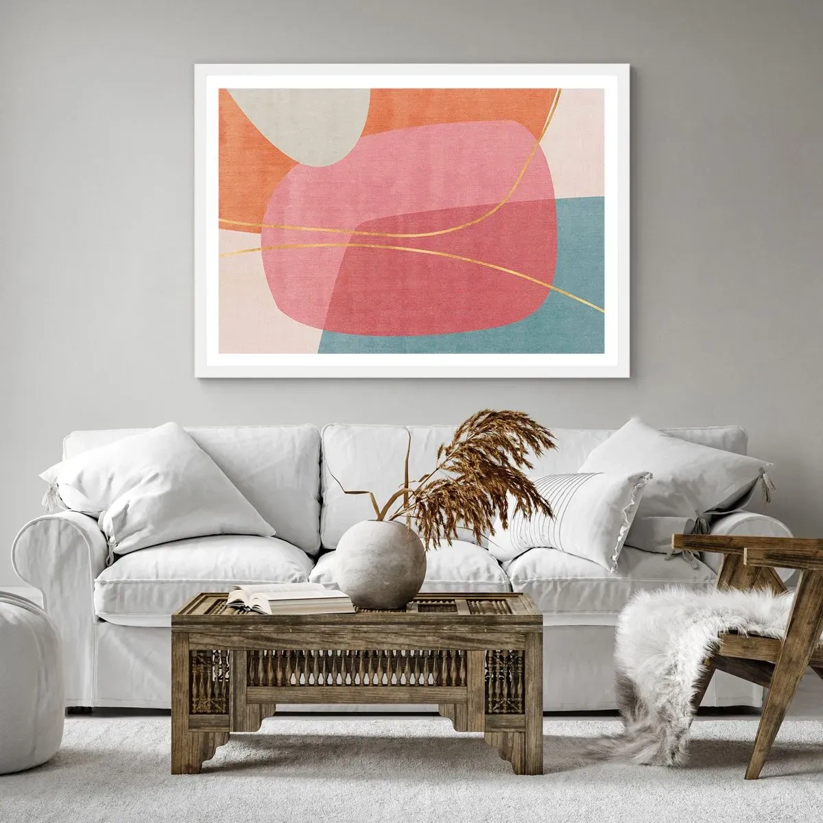 Plagát v bielom ráme - Pastelová kompozícia so zlatou niťou - 91x61 cm