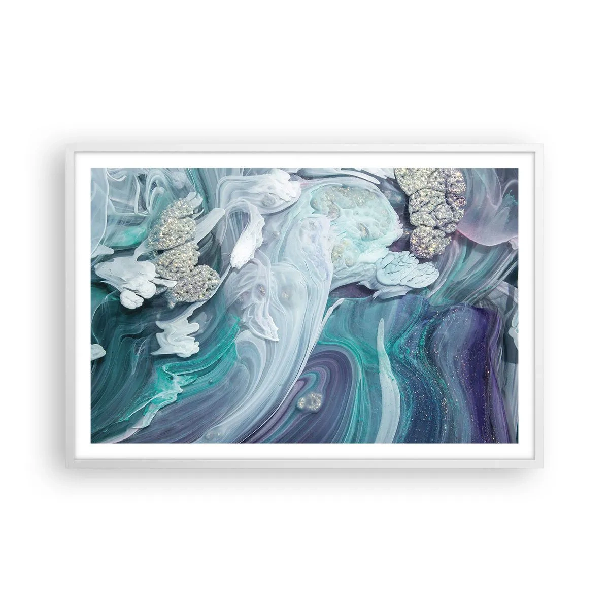 Plagát v bielom ráme - Prúdy modrej - 91x61 cm